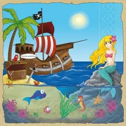 Mank Serviette Tissue Schatzinsel, 33 x 33 cm, 100 Stück - Piratenschiff Insel Meerjungfrau