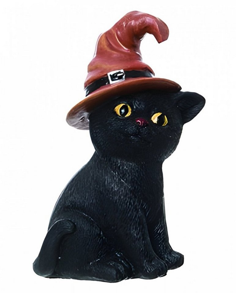 Horror-Shop Dekoobjekt Schwarze Halloween Katze mit Hexenhut als Dekofigu gelb|orange|rot|schwarz