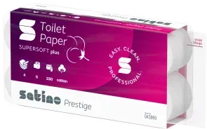 Satino prestige Toilettenpapier, 4-lagig, MT1, hochweiß, Supersoftes und saugstarkes Klopapier aus Zellstoff, 1 Packung = 8 Rollen à 150 Blatt