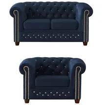 S-Style Chesterfield Polstergarnitur 2+1 Cleo Blink ¦ blau ¦ Maße (cm): B: 148 H: 72