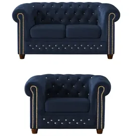 S-Style Chesterfield Polstergarnitur 2+1 Cleo Blink ¦ blau ¦ Maße (cm): B: 148 H: 72