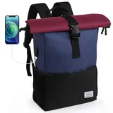 Mofut Rucksack Damen Herren Groß Schulrucksack viele Fächer mit 15,6" Laptop , Uni Wasserdichter Rolltop Rucksack, Lässiger Backpack Schule - Blau/Rosa