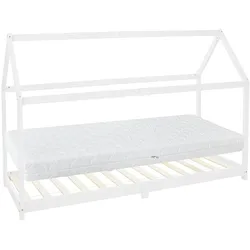 ML-Design Kinderbett+Matratze Hausbett Bettgestell Holzbett Bett Lattenrost Weiß 90x200 cm