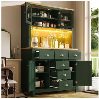 Flieks Küchenbuffet mit Arbeitsplatte in Holzoptik Natur & LED-Beleuchtung in Retro-Stil (1-St., B104/T40/H180 cm) Hochschrank Küchenschrank mit Gläserhalter, Schubladen und Glastüren grün