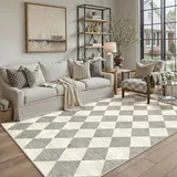 PureCozy Teppich Wohnzimmer 160x230cm Grau Schlafzimmer Moderne Kariert Weich Carpet Waschbarer rutschfest Teppiche Esszimmer BüRo Kurzflor Groß Rug Rautenmuster Geometrisches