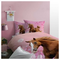 Kinderbettwäsche Pferde Bettwäsche Set 135x200 + 80x80cm aus 100% Baumwolle, Familando, Renforcé, 2 teilig, mit geblümter Wendeseite in zarten Rosa Tönen rosa