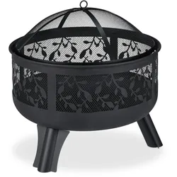 Relaxdays Feuerschale mit Funkenschutz, Garten & Terrasse, mit Schürhaken, Outdoor Feuerkorb, HxD: 60 x 60 cm, schwarz