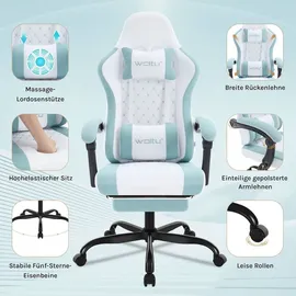 Woltu Gaming Stuhl mit Massagefunktion, Taschenfederkissen, ergonomisch, Netzstoff : Weiß+Blau Farbe: Weiß+Blau