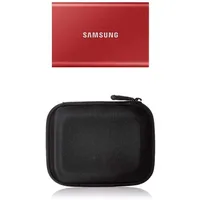 Samsung T7 Portable SSD - 500 GB - USB 3.2 Gen.2 Externe SSD Metallic Red (MU-PC500R/WW) + Amazon Basics Festplattentasche, schwarz