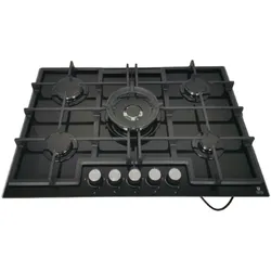 Gasline Einbau Gaskochfeld 75cm Schwarz Glaskeramik mit 5 Brennern WOK Sabaf-Brenner
