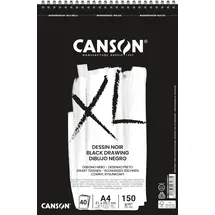 Canson XL Schwarzes Zeichenpapier, zweiseitig: gekörnt und glatt, 150 g/m2, an der kurzen Seite spiralgebundener Block, DIN A4 21 x 29,7 cm, Schwarz, 40 Blatt
