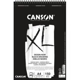 Canson XL Schwarzes Zeichenpapier, zweiseitig: gekörnt und glatt, 150 g/m2, an der kurzen Seite spiralgebundener Block, DIN A4 21 x 29,7 cm, Schwarz, 40 Blatt