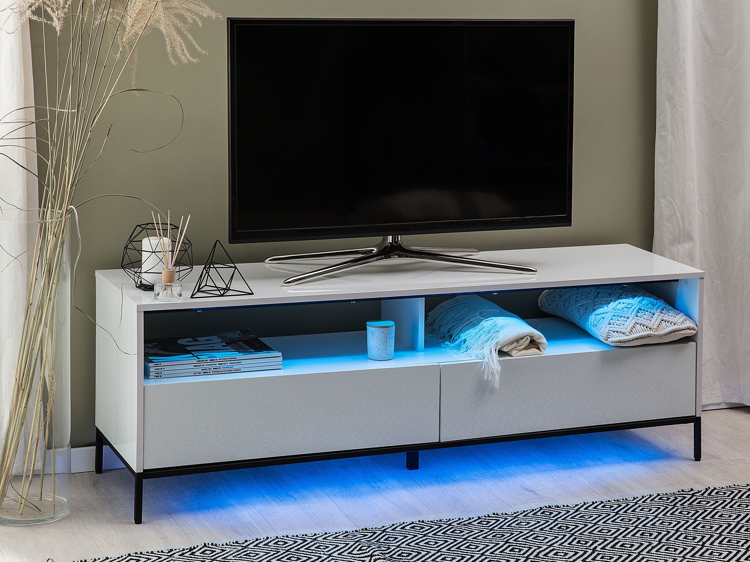 TV-Möbel weiß / Hochglanz mit LED-Beleuchtung 2 Schubladen 150 x 42 x 52 cm SYDNEY