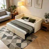 Schlafsofa 90x200cm, Sofabett mit lattenrost für 2 Personen, Ausziehbares Schlafcouch Tagesbett Jugendbett 180x200cm, Bequemes Gästesofa für Wohnzimmer Gästezimmer Wohnung,ohne Matratze(Typ A+Beige)