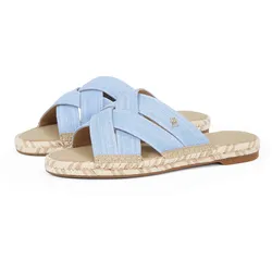 Pantolette TOMMY HILFIGER "CHAMBRAY ESPADRILLE MULE", Damen, Gr. 42, blau (hellblau), Baumwolle, casual, Schuhe, Plateau, Sommermode, Flats, Schlüpfschuh mit Bandagen in Flechtoptik