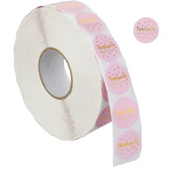 Relaxdays Handmade with Love Aufkleber, 2500 selbstklebende Etiketten, runde Sticker, Ø 25 mm, Stickerrolle, rosa/gold