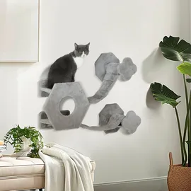 PawHut Katzen Kletterwand, Katzenliege mit Stufen, Katzenhöhle, Sprungturm, Spielzeugball, Katzenplattform für Katzen bis 5 kg, Hellgrau