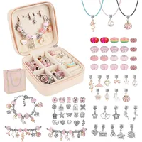 OdiuK Charm Armband Making Kit Geschenke, 66 Stück Armbänder Selber Machen mit Geschenkbox Perlen Anhängern Armbänder Halsketten und Tasche, Schmuck Bastelset für Kinder Schulanfang ab 5 Jahre (Rosa)