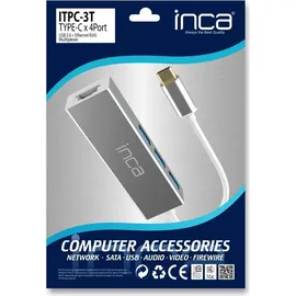 inca ITPC-3T Typ C > 3XUSB-A, 1xRJ45, 1000mbps Überstrom- und Spannungsschutz Silber