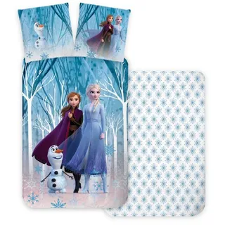 ELSA BrandMac Bettwäsche Eiskönigin Wald, 100% Baumwolle und wendbar, Bettbezug 100 x 135 cm + Kissenbezug 40 x 60 cm, mit Olaf, ELSA und Anna, für kleines Bett