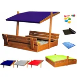 QLS Sandkasten aus Holz mit Sitzbank Dach Abdeckung Imprägniert Sandbox (Dunkelblau)