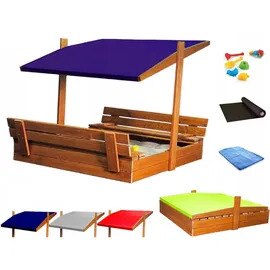 QLS Sandkasten aus Holz mit Sitzbank Dach Abdeckung Imprägniert Sandbox (Dunkelblau)
