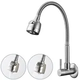 HOMELIVE Küchenarmatur Wasserhahn Küche Wandmontage Kaltwasser Armatur mit Flexibler Auslauf (Edelstahl Gebürsteter Nickel Federhahn) Wandarmatur 360° Schwenkbar Doppelfunktion