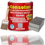 Consolan Wetterschutzfarbe Set 2,5 l Holzfarbe Dauerschutz Deckend mit Zubehör (Horizontblau)
