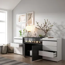 SKRAUT HOME Kommode, mit Schubladen, Elektrokamin, weiß und schwarz, 214/35/75cm