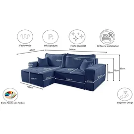 kaiser möbel L-förmiges Bohoo-Ecksofa mit Schlaffunktion Blau Rechts