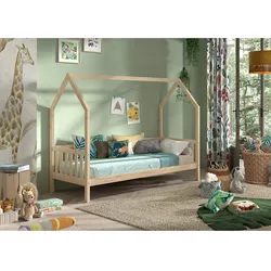 CABANE Hausbett 90x200 cm und seitlicher Umrandung, Kiefer massiv natur