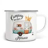 miKalino Emaille Tasse Personalisierte Camping Queen Emaille Tasse, Vintage Wohnwagen Design, Geschenk für Camper, Outdoor Kaffeebecher, Floral, Mit Namen Tasse mit Namen - bedruckt,