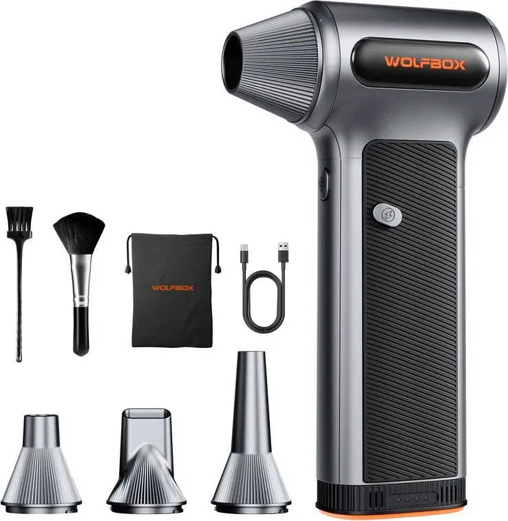 WOLFBOX MF200 Elektrischer Luftgebläse-Luftstößer - 320 g Winddruck, Wiederaufladbarer bürstenloser 3-Stufen-Motor für Auto/PC/Zuhause/Außenbereich
