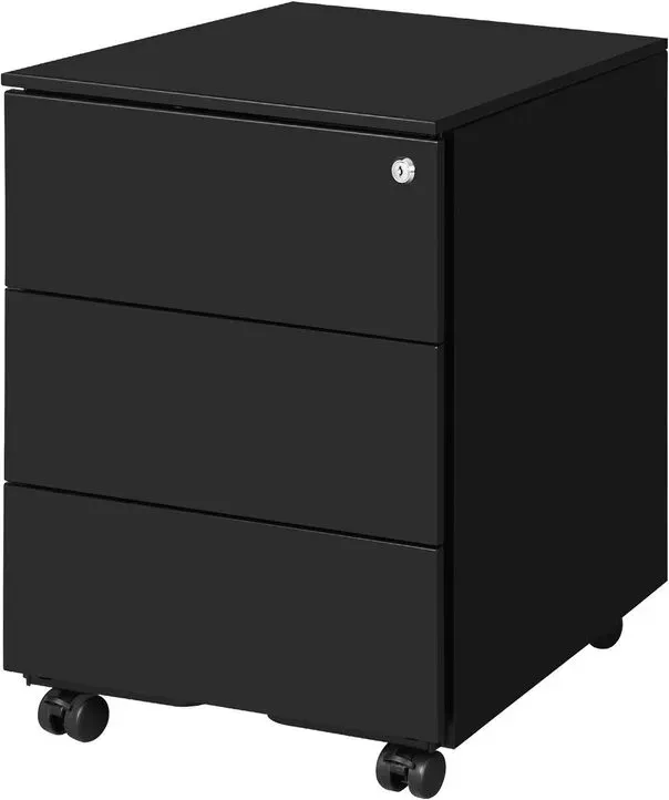 Ochama Abschließbarer mobiler Aktenschrank in Matt Schwarz – 3 Schubladen, vormontiert, für Dokumente & Schreibwaren, 39 x 45,1 x 53,8 cm – kompakte Aufbewahrung für Büro oder Homeoffice