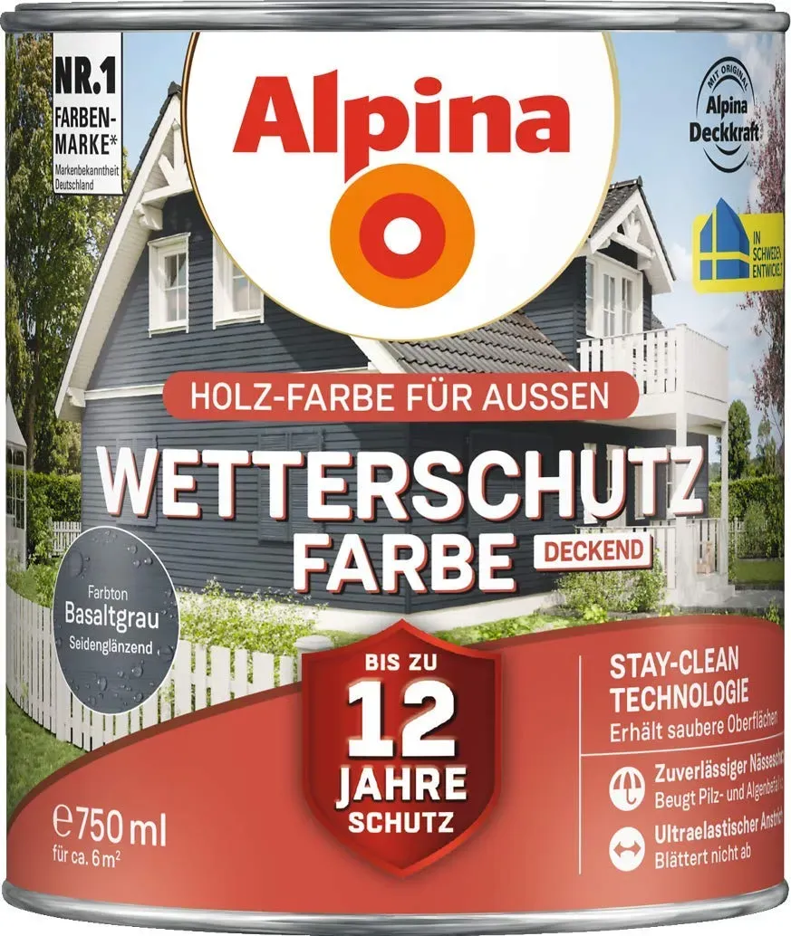 Alpina Holz-Wetterschutz-Farben – Basaltgrau, deckend – bis zu 12 Jahre Schutz vor Witterung und Nässe – schmutzabweisend, deckend & ergiebig – 750 ml