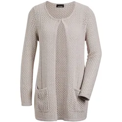 Kurzjacke GOLDNER "Brauner Cardigan mit Lochmuster, Langarm", Damen, Gr. 42, beige (stein), Obermaterial: 53% Polyacryl PAN. 24% Polyamid PA. 18% Baumwolle CO. 5% metallisierte Fasern MTF., gerade, Tubular, Jacken Kurzjacke, mit Glitzergarn