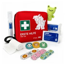 Flexeo Erste Hilfe Set für Kinder | 76-teilige Reiseapotheke inkl. Brandgel, Zeckenzange, Motiv-Pflastern, Fingerpuppe & Tapferkeitsstickern | Erste Hilfe Tasche Baby, Kleinkind, unterwegs & zuhause