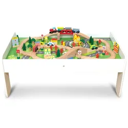 Coemo Spielzeug-Eisenbahn, Set: Spieltisch und 90 tlg. Holzeisenbahn beige