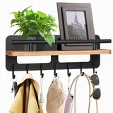 JiangLin Schlüsselbrett Holz mit Ablage, Schwarz Schlüsselhalter mit 7 Schlüsselhaken, Schlüsselbrett Ohne Bohren, Wandregal Holz für Schlüsselboard Organizer für Eingang, Flur, Wohnzimmer (Schwarz)