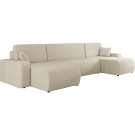 Mirjan24 Wohnlandschaft Piano U Cord, Wohnzimmer Eckcouch mit Bettkasten und Schlaffunktion, Schwarze Füße, Wellenfeder, U-Form (Farbe: Poso 100) - Beige