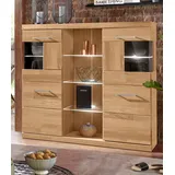 Home Affaire Highboard HOME AFFAIRE "Ribe,120cm breit,112cm hoch,Oberplatte massiv,12 Fächer", beige (eiche teilmassiv), B:125cm H:115cm T:35cm, Holz teilmassiv, Sideboards, Highboard, Holz massiv, Holzwerkstoff, Metall Griffe,2Türen mit Glaseinsatz