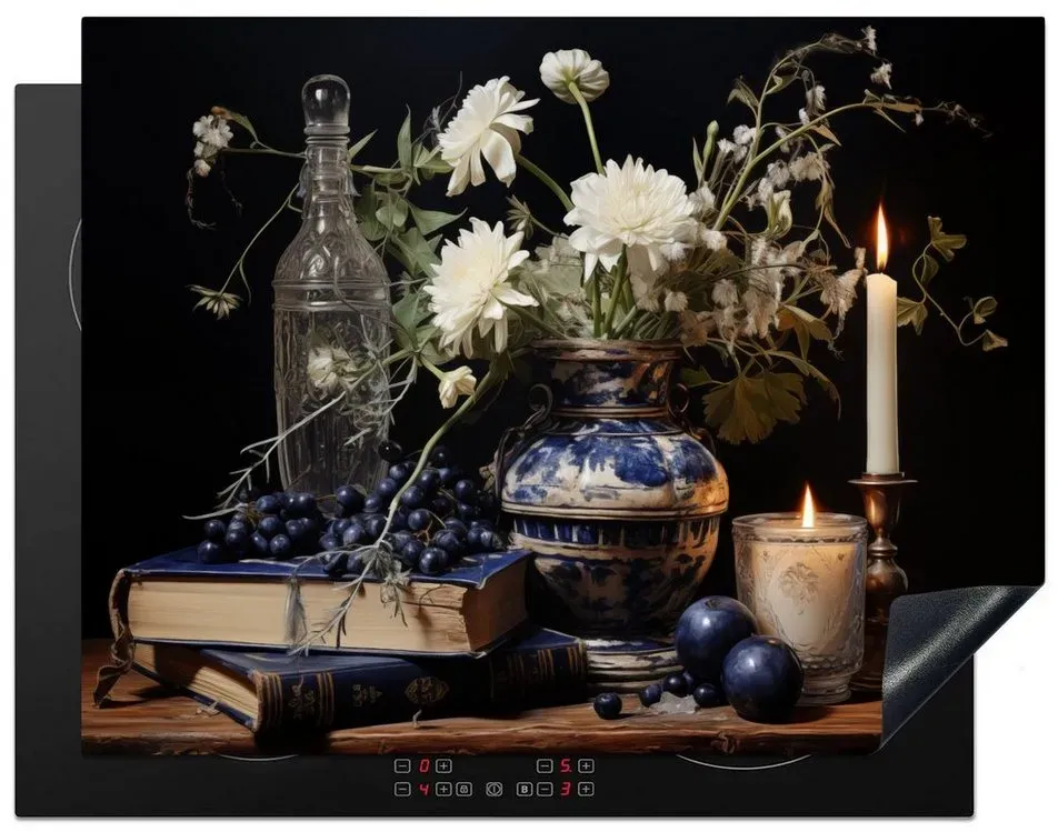 MuchoWow Herdblende-/Abdeckplatte Stilleben - Blumen - Kerzen - Delfter Blau - Weiß, Vinyl, (1 tlg), 77x59 cm, Ceranfeldabdeckung, Arbeitsplatte für küche bunt
