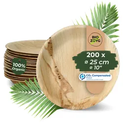 BIOZOYG 200 Stück Einwegteller Ø 25cm Palmblatt-Teller, rund, biologisch abbaubar, umweltfreundlich, kompostierbar, wiederverwertbar, Wegwerfteller
