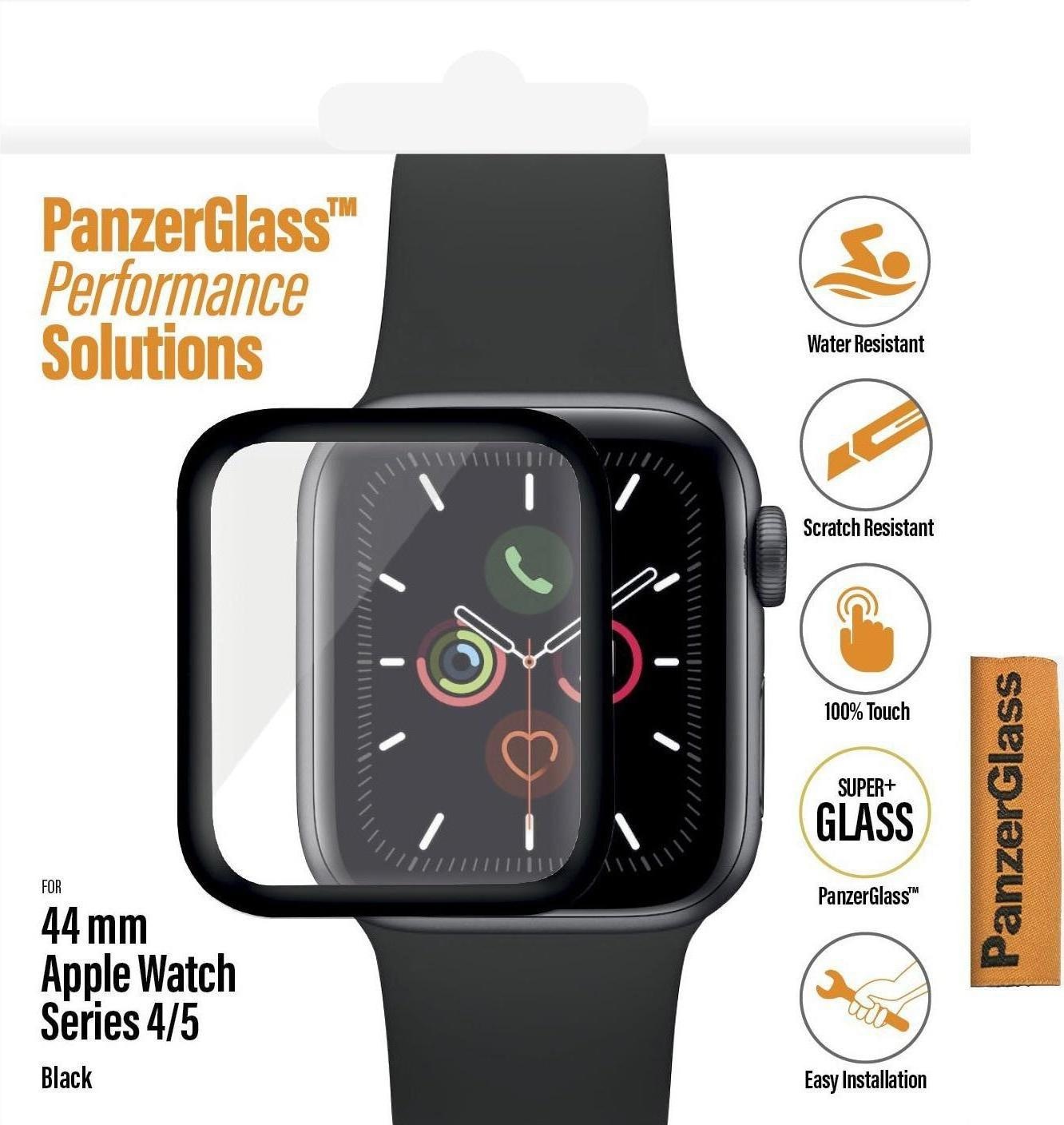 PanzerGlass Displayschutz Apple Watch 44 mm, Smartwatch Schutzfolie, Schwarz, Transparent