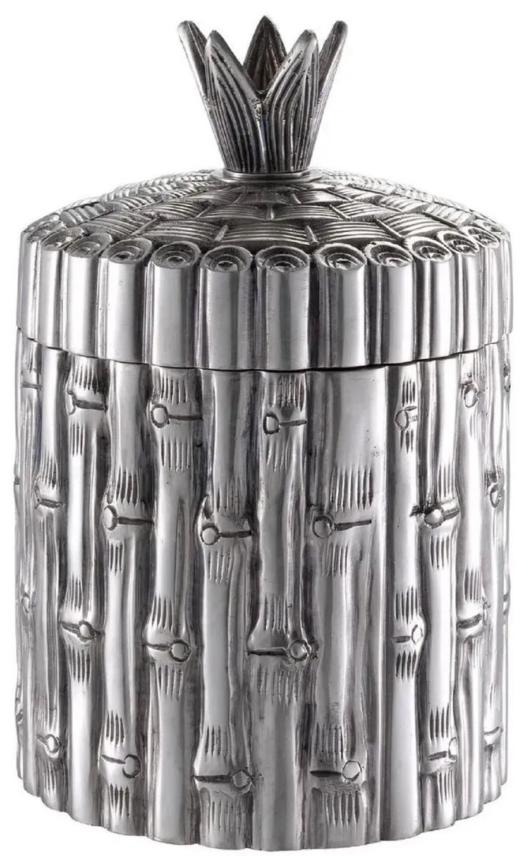Massive Casa Padrino Luxus Aufbewahrungsbox in Bambus Optik Antik Silber Ø 14 x H. 22,5 cm - Runde Deko Dose mit Deckel