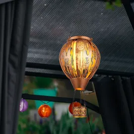 GLOBO 2er Set LED Solarleuchte Heißluftballon Feuereffekt Außenleuchte Hängelampe Terrassenleuchte, Dekorstanzugen, braun