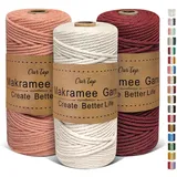 OurTop Premium Makramee Garn 3er Set, 3mm x 100m Macrame Cord Makramee Schnur Makramee Kordel, Garn für DIY Handwerk, Weben Dekoration, Hängepflanze Pflanze Aufhänger(Natur, Rosenholz, Burgunder)