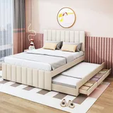 Flieks Polsterbett mit Unterbett, Doppelbett Jugendbett mit Lattenrost und Schubladen, Kinderbett Holzbett Gästebett Tagesbett 140x200/90x190cm, L... - Beige