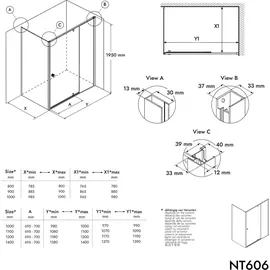 Bernstein Eckdusche mit Drehtür an Festfeld NT606 - FLEX - Nano Echtglas - 6 mm - Flexible Montage - Breiten & Profilfarbe wählbar, Breite Türelement:110 ... - Silber