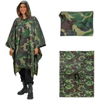 Relaxdays Regenponcho Mehrzweck 3 in 1 Tarn, Zelt Poncho, mit Kapuze, wasserdicht, Regencape Damen & Herren, grün/braun